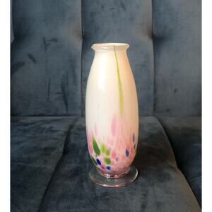 Small Murano Inspired Glass Handblown Vase Tulip Shaped White w/ Multicolor